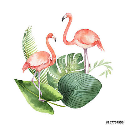 Watercolor card of tropical leaves and the pink Flamingo isolate (poszter) - vászonkép, falikép otthonra és irodába