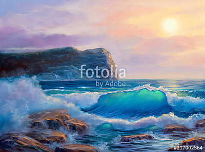 Sunset on the sea, painting by oil on canvas. (keretezett kép) - vászonkép, falikép otthonra és irodába