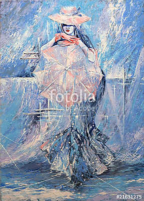 The girl with an umbrella (keretezett kép) - vászonkép, falikép otthonra és irodába
