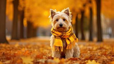 Westie kutyus sállal az őszi avaron (poszter) - vászonkép, falikép otthonra és irodába