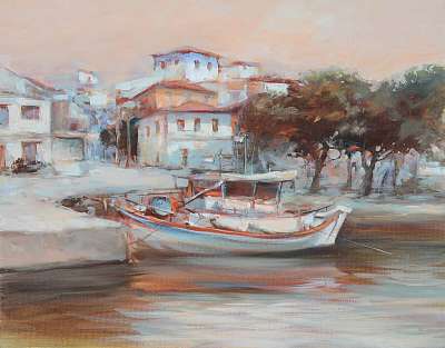 Csónakok a sziget kikötőjén, kézzel készített festészet (poszter) - vászonkép, falikép otthonra és irodába