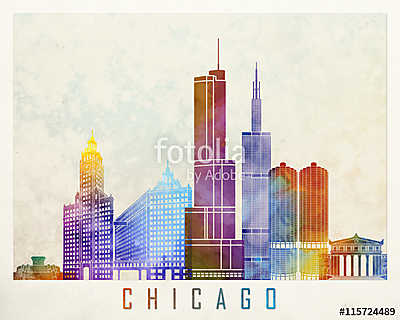 Chicago landmarks watercolor poster (poszter) - vászonkép, falikép otthonra és irodába