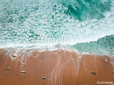 Aerial view of sandy beach with waves perfect spot for surfing. Drone photo  (bögre) - vászonkép, falikép otthonra és irodába