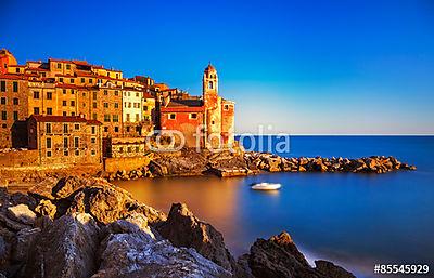 Tellaro sziklák, templom és falu naplementekor. Cinque terre, Li (többrészes kép) - vászonkép, falikép otthonra és irodába