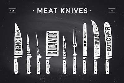 Meat cutting knives set. Poster Butcher diagram and scheme (poszter) - vászonkép, falikép otthonra és irodába