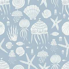 Kagylók-csillagok-medúzák tapétaminta - szürkéskék (fotótapéta) - vászonkép, falikép otthonra és irodába