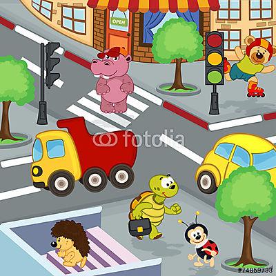 Városi forgalom állatokkal (keretezett kép) - vászonkép, falikép otthonra és irodába