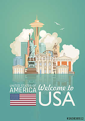 Üdvözöljük az USA-ban. Amerikai Egyesült Államok poszter. Vektor (keretezett kép) - vászonkép, falikép otthonra és irodába