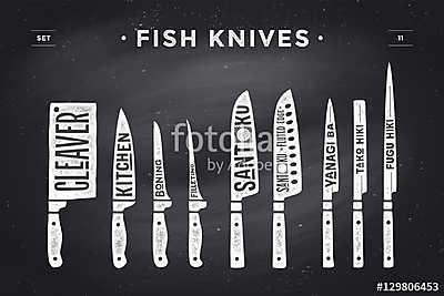 Fish cutting knives set. Poster of Butcher diagram and scheme -  (keretezett kép) - vászonkép, falikép otthonra és irodába