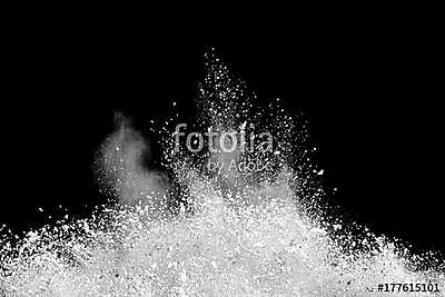 Freeze motion of white powder explosions isolated on black background (fotótapéta) - vászonkép, falikép otthonra és irodába