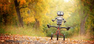 Tricikliző robot az őszi erdőben (többrészes kép) - vászonkép, falikép otthonra és irodába