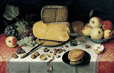 Csendélet sajttal és gyümölcsökkel (1615 körül) (bögre) - vászonkép, falikép otthonra és irodába