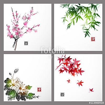 Négy évszakot tartalmazó kompozíciók készlete. Sakura ág, ba (többrészes kép) - vászonkép, falikép otthonra és irodába