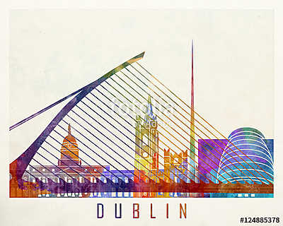 Dublin landmarks watercolor poster (keretezett kép) - vászonkép, falikép otthonra és irodába