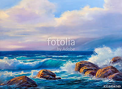 Sunset on the sea, painting by oil on canvas. (keretezett kép) - vászonkép, falikép otthonra és irodába