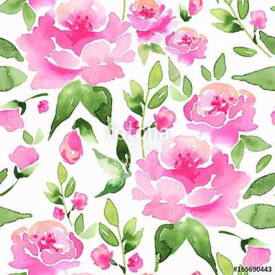 Floral seamless pattern. Watercolor background with pink flowers (keretezett kép) - vászonkép, falikép otthonra és irodába