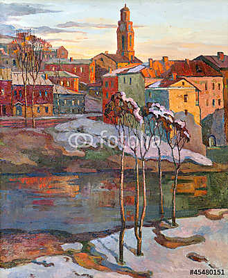 the city landscape of Vitebsk drawn with oil on a canvas (fotótapéta) - vászonkép, falikép otthonra és irodába