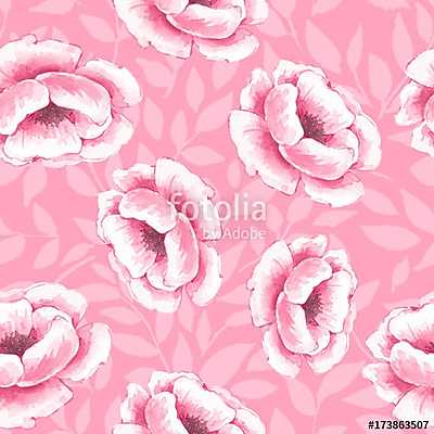 Floral seamless pattern. Watercolor background with pink flowers (többrészes kép) - vászonkép, falikép otthonra és irodába