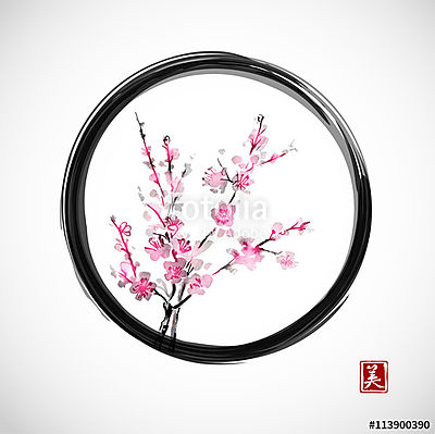 Keleti cseresznye ág virágos fekete zen körben. Saku (poszter) - vászonkép, falikép otthonra és irodába