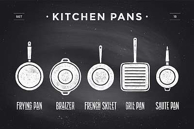 Set of kitchen pans. Poster Kitchenware - Pans, grill, pot. Vint (keretezett kép) - vászonkép, falikép otthonra és irodába