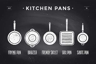 Set of kitchen pans. Poster Kitchenware - Pans, grill, pot. Vint (vászonkép óra) - vászonkép, falikép otthonra és irodába