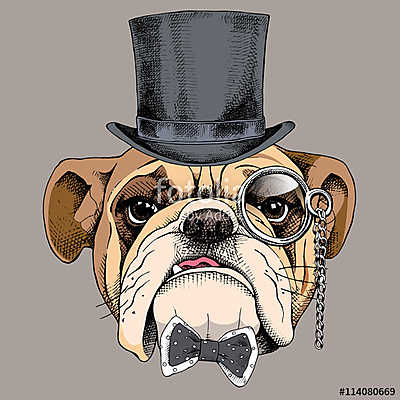 Bulldog portrait in a bowler hat, with a tie and with a monocle. (bögre) - vászonkép, falikép otthonra és irodába