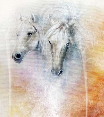Two white horse spirits, beautiful detailed oil painting  - vászonkép, falikép otthonra és irodába