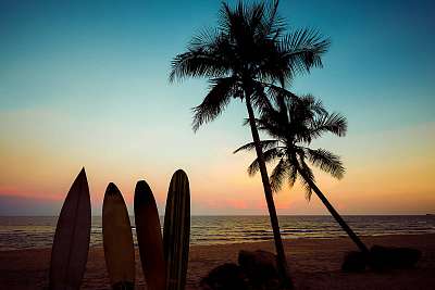 Silhouette surfboard on tropical beach at sunset in summer. Seascape of summer beach and palm tree at sunset. Vintage color tone (bögre) - vászonkép, falikép otthonra és irodába