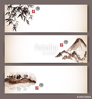 Három bannert bambusz, hegyek és sziget fákkal. Cont (poszter) - vászonkép, falikép otthonra és irodába
