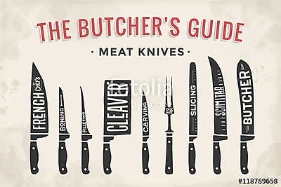 Meat cutting knives set. Poster Butcher diagram and scheme - Mea (bögre) - vászonkép, falikép otthonra és irodába