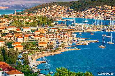 Town Trogir cityscape aerial. / Aerial view at town Trogir in Croatia, small tourist town in suburb of Split, Dalmatia region. (poszter) - vászonkép, falikép otthonra és irodába