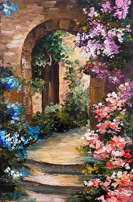 Mediterrán kapu virágokkal (festmény) (fotótapéta) - vászonkép, falikép otthonra és irodába