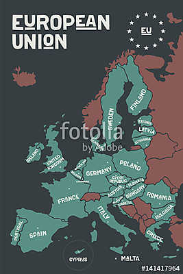 Az Európai Unió poszter-térképe országnevekkel és fővárosokkal (fotótapéta) - vászonkép, falikép otthonra és irodába