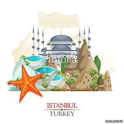 Törökország vektoros vakáció illusztráció turkiai tereptárgyakka (fotótapéta) - vászonkép, falikép otthonra és irodába