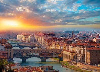 Ponte Vecchio reggeli órában, Firenze (keretezett kép) - vászonkép, falikép otthonra és irodába