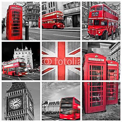 London fotókollázás, szelektív szín (keretezett kép) - vászonkép, falikép otthonra és irodába
