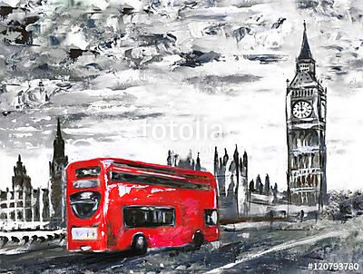 Big Ben és egy double-decker - szürke-piros művészi kép (bögre) - vászonkép, falikép otthonra és irodába