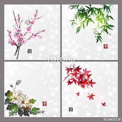 Négy évszakot tartalmazó kompozíciók készlete. Sakura ág, ba (vászonkép óra) - vászonkép, falikép otthonra és irodába