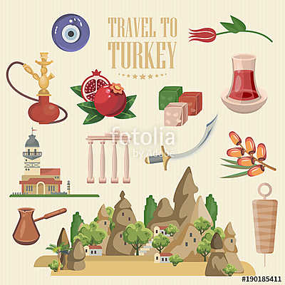 Törökország vektoros vakáció illusztráció turkiai tereptárgyakka (keretezett kép) - vászonkép, falikép otthonra és irodába