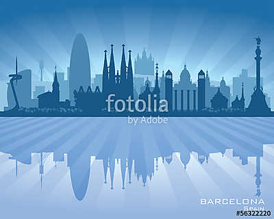 Barcelona Spain city skyline vector silhouette (többrészes kép) - vászonkép, falikép otthonra és irodába