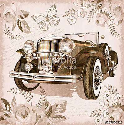 Vintage car postcard.	 (keretezett kép) - vászonkép, falikép otthonra és irodába