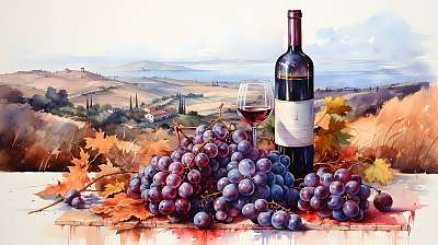 Szőlő borral és őszi tájképpel 1. (vizfesték effekt) (poszter) - vászonkép, falikép otthonra és irodába