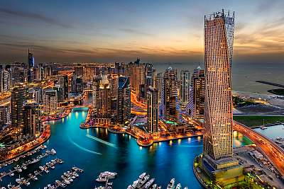 Dubai Marina Bay naplemente után (többrészes kép) - vászonkép, falikép otthonra és irodába