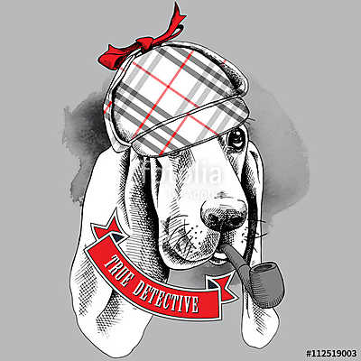 Poster with the image of a Basset Hound dog in a deerstalker wit (poszter) - vászonkép, falikép otthonra és irodába