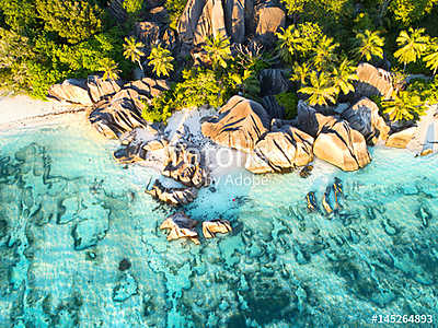 Sonnenuntergang am Strand - Seychellen (keretezett kép) - vászonkép, falikép otthonra és irodába