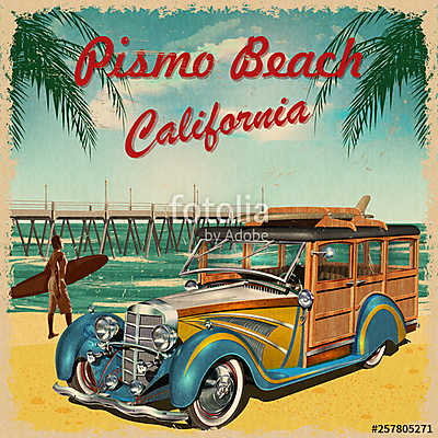 Pismo Beach,California retro poster. (keretezett kép) - vászonkép, falikép otthonra és irodába