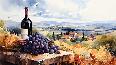 Szőlő borral és őszi tájképpel 2. (vizfesték effekt) (poszter) - vászonkép, falikép otthonra és irodába