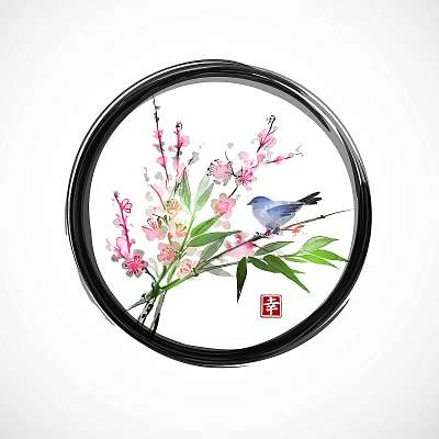 Sakura virágban, bambusz ága és kis kék madár fekete e (fotótapéta) - vászonkép, falikép otthonra és irodába