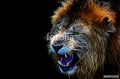 Frakcionált digitális fantasy művészet egy oroszlán egy elsziget (többrészes kép) - vászonkép, falikép otthonra és irodába
