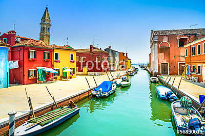 Velencei mérföldkő, Burano csatorna, házak, templom és hajók, Ol (bögre) - vászonkép, falikép otthonra és irodába